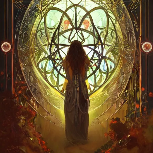 Prompt: an acrylic on canvas portrait of a Visionary Urban Shaman Lightworker Alchemist Druid, Mystery, Love, wholeness, rooted lineage, web of life, open eye freedom by Greg Rutkowski, Artgerm and Alphonse Mucha. Epic fantasy art.