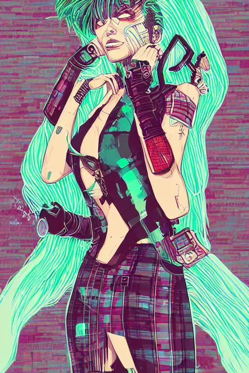 Image similar to cyberpunk woman with green hair wearing a red plaid miniskirt, vector art, by conrad roset, digital art, illustration, comic art, by dan mumford