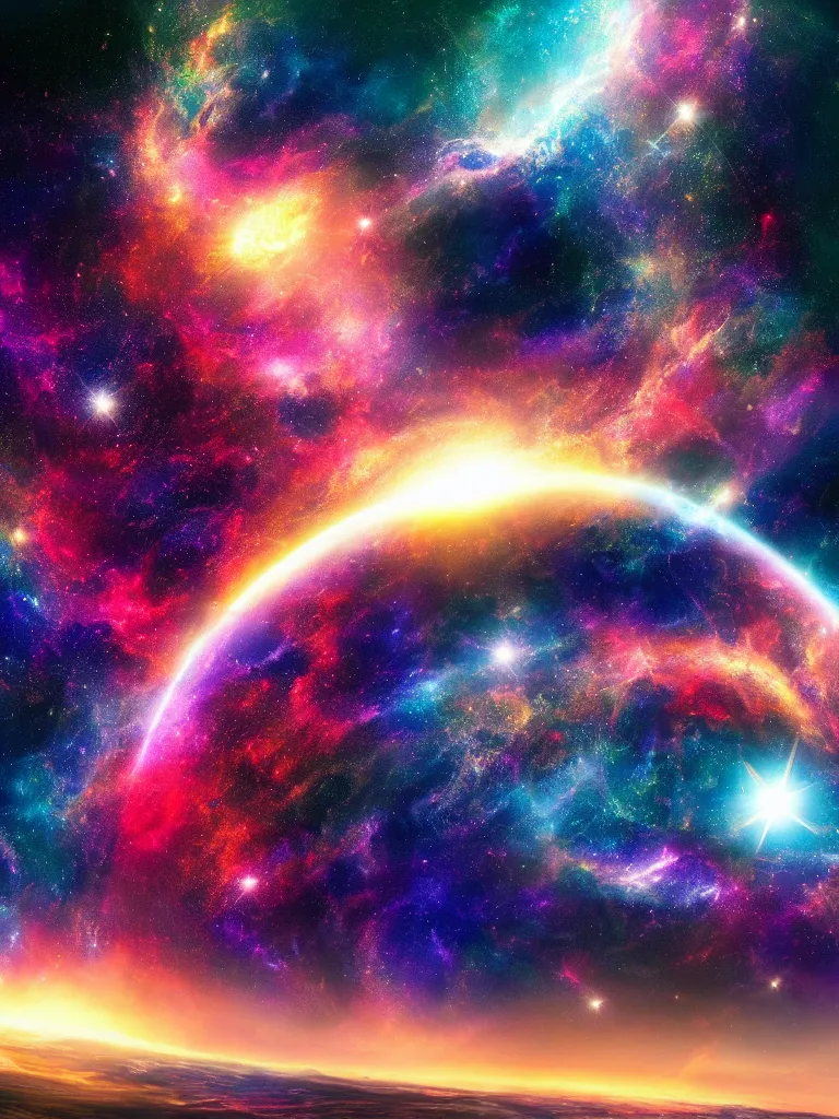 Prompt: celestial epic emotional vibrant colorful cinematic fantasy space image of a sparkling ethereal cosmic universe, silky smooth celestial cosmos, nasa photos, artstation