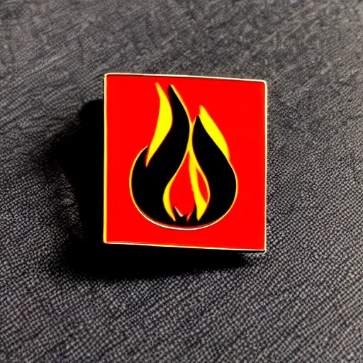 Image similar to a retro minimalistic fire flames warning enamel pin, use of negative space allowed, black and white only, smooth curves