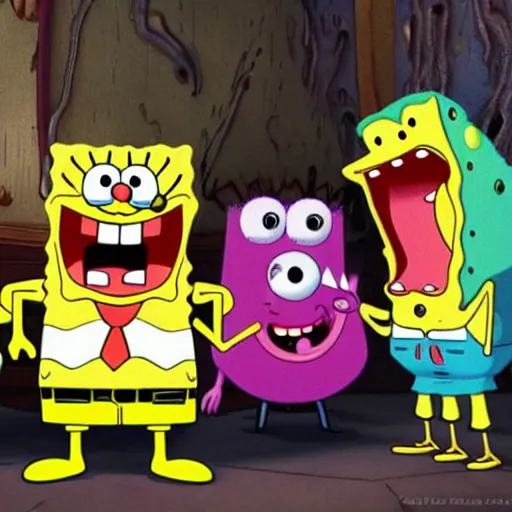 Image similar to spongebob squarepants, evil, sharp teeth, bad teeth, angry, horror, dramatic