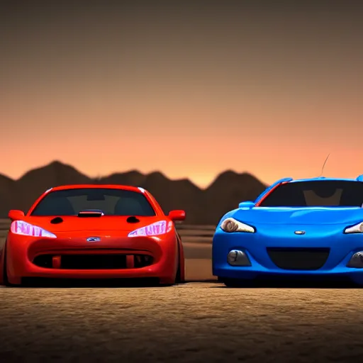 Prompt: An Evo 10 car and a BRZ car kissing each other, Pixar Cars movie style, 3D render, beautiful lighting, the cars have faces, extremely detailed, HDR, 4K, 8K, the lips of the cars are touching