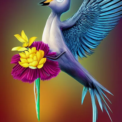 Image similar to a bird with arms instead of wings holds a beautiful flower, digital art, high detail, realistic