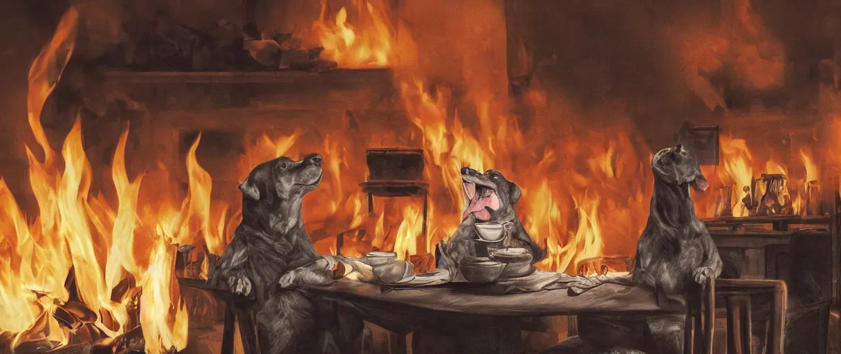 Prompt: a photograph (flash on) of a relaxed anthropomorphic dog sitting on a chair at a dinner table (no fire at all there), surrounded by flames, cup of coffee on the table, huge fire on this dining room in the background, a lot of flames behind the dog, black smoke instead of the ceiling, no watermark