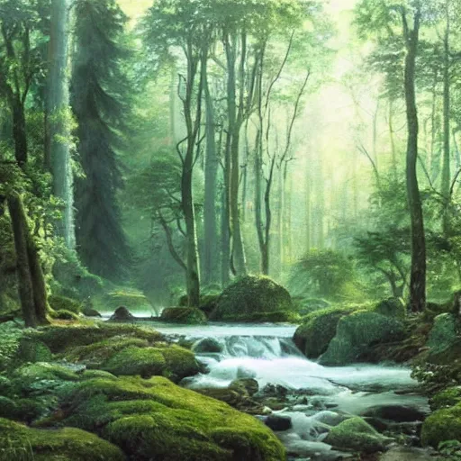 Image similar to A beautiful mixed media art of a serene and picturesque forest scene. The leaves are all different shades of green, and the sunlight is shining through the trees. There is a small stream running through the forest, and the whole scene is surrounded by mountains. avant garde, 3d render by J.C. Leyendecker rhythmic