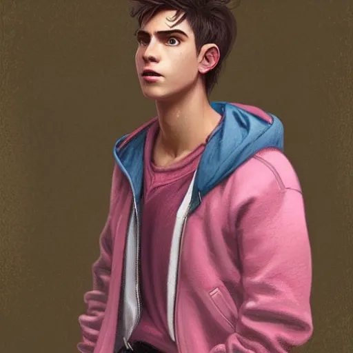 Image similar to a preppy magic student boy wearing a pink hoodie, d & d, fantasy, intricate, cinematic lighting, highly detailed, digital painting, artstation, concept art, smooth, sharp focus, illustration, art by artgerm and greg rutkowski and alphonse mucha