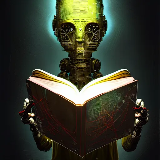 Prompt: dark scifi illustration 3 / 4 portrait of a robot reading necronomicon. cinematic lighting mad scientist style. golden ratio accidental renaissance. in the style of dave mckean. graffiti art, scifi, fantasy, hyper detailed. octane render. concept art. trending on artstation