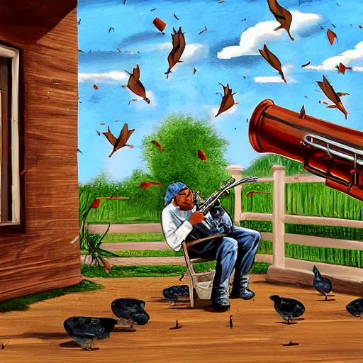 Image similar to A digital painting of a cannon on a porch. Birds are flying over and one of them is hit by a vase that was thrown into the air. A bull plays saxophone while next to the bull a farmer with a pitchfork smokes a cigarette.