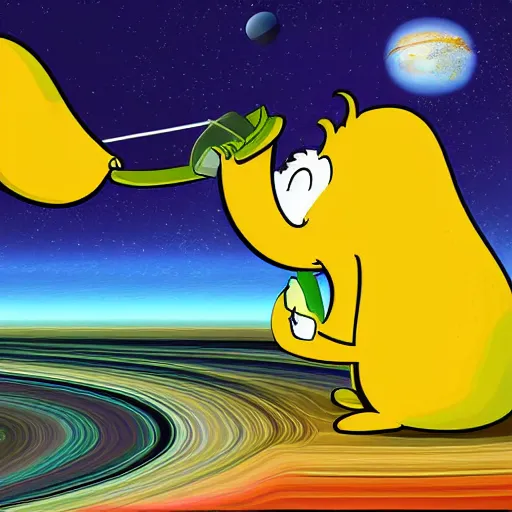 Image similar to Cartoon art of a hungry banana eating a pickle on Saturn, digital art, detailed,