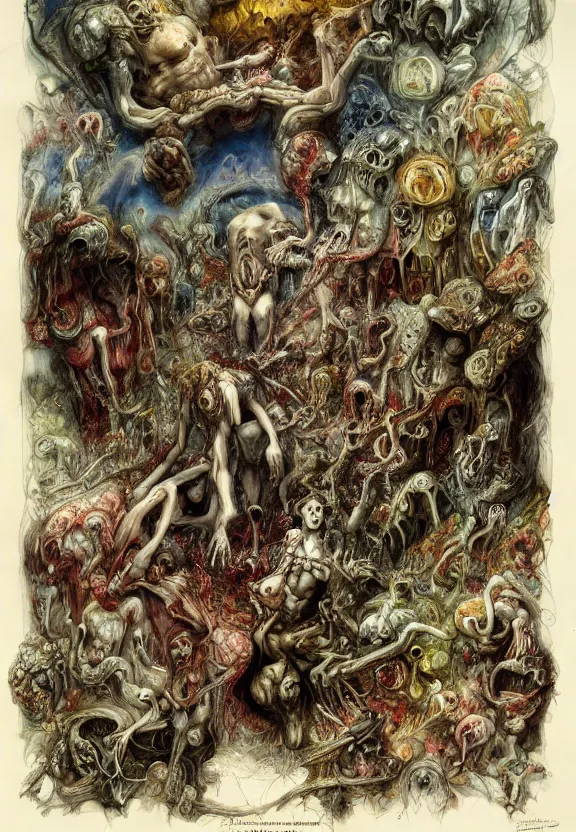 Prompt: colorful muscular eldritch bodies radiating town fractal, white bones, white skeletons, by h. r. giger and esao andrews and maria sibylla merian eugene delacroix, gustave dore, thomas moran, pop art, chiaroscuro, biopunk, art nouveau