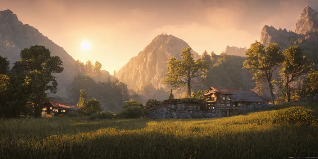 Image similar to a serene mountainous landscape with a singular building at sunrise, concept art, octane render, unreal engine 5, trending on DeviantArt, highly detailed, high quality, 4K, symmetrical, godrays, complementary colors, path traced, matte painting, breathtaking landscape, epic image, soft lighting