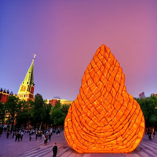 Prompt: symmetrical photo of giant mango sculpture on red square, super ariel wide shot, bokeh, golden hour