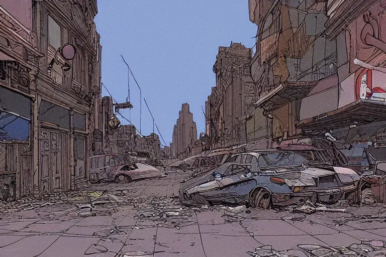 Image similar to Moebius artwork of a post apocalyptic city street