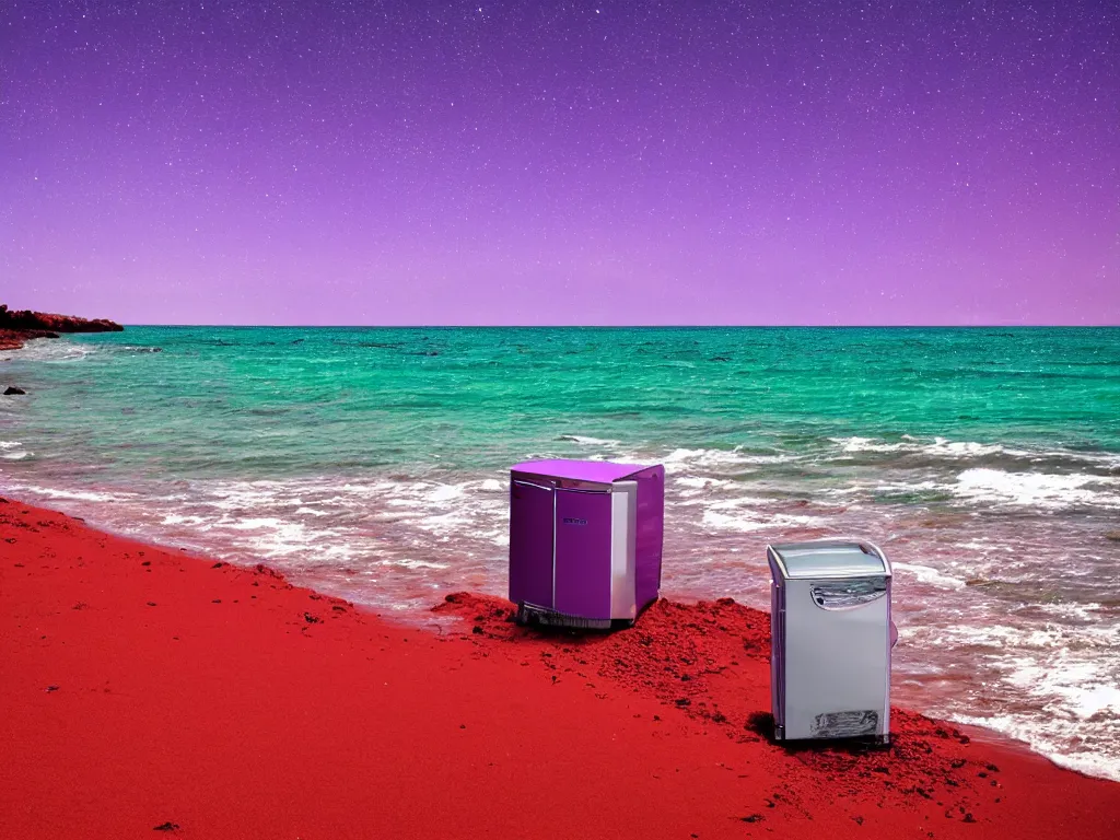 Image similar to purple refrigerator, red sand beach, green ocean, nebula sunset