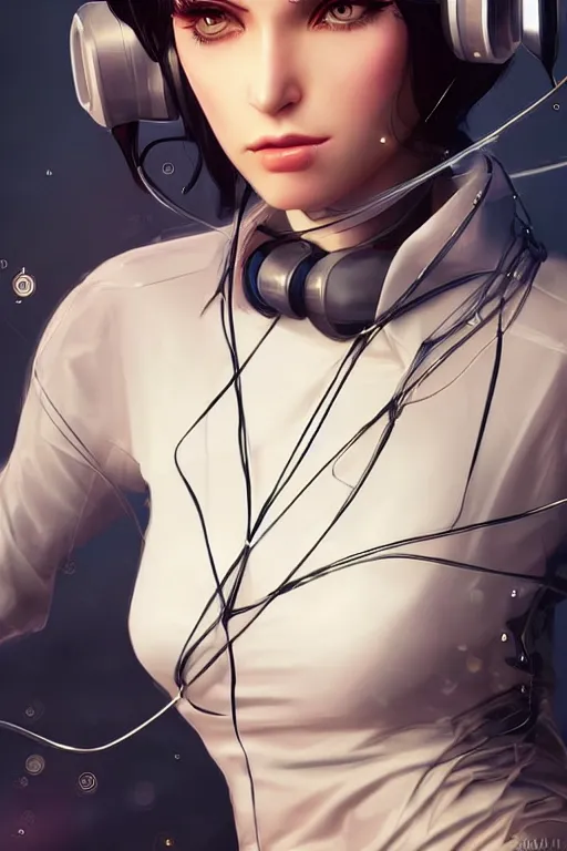 Prompt: classy elegant sophisticated very up close portrait of a woman dj, futuristic shirt, jeans, cyber future, ultra detailed wire decoration, fantasy art by nixeu and guweiz and ilya kuvshinov, sleek curves, intricate sharp focus, trending on artstation hq, pinterest, unreal engine 5, 4 k uhd image