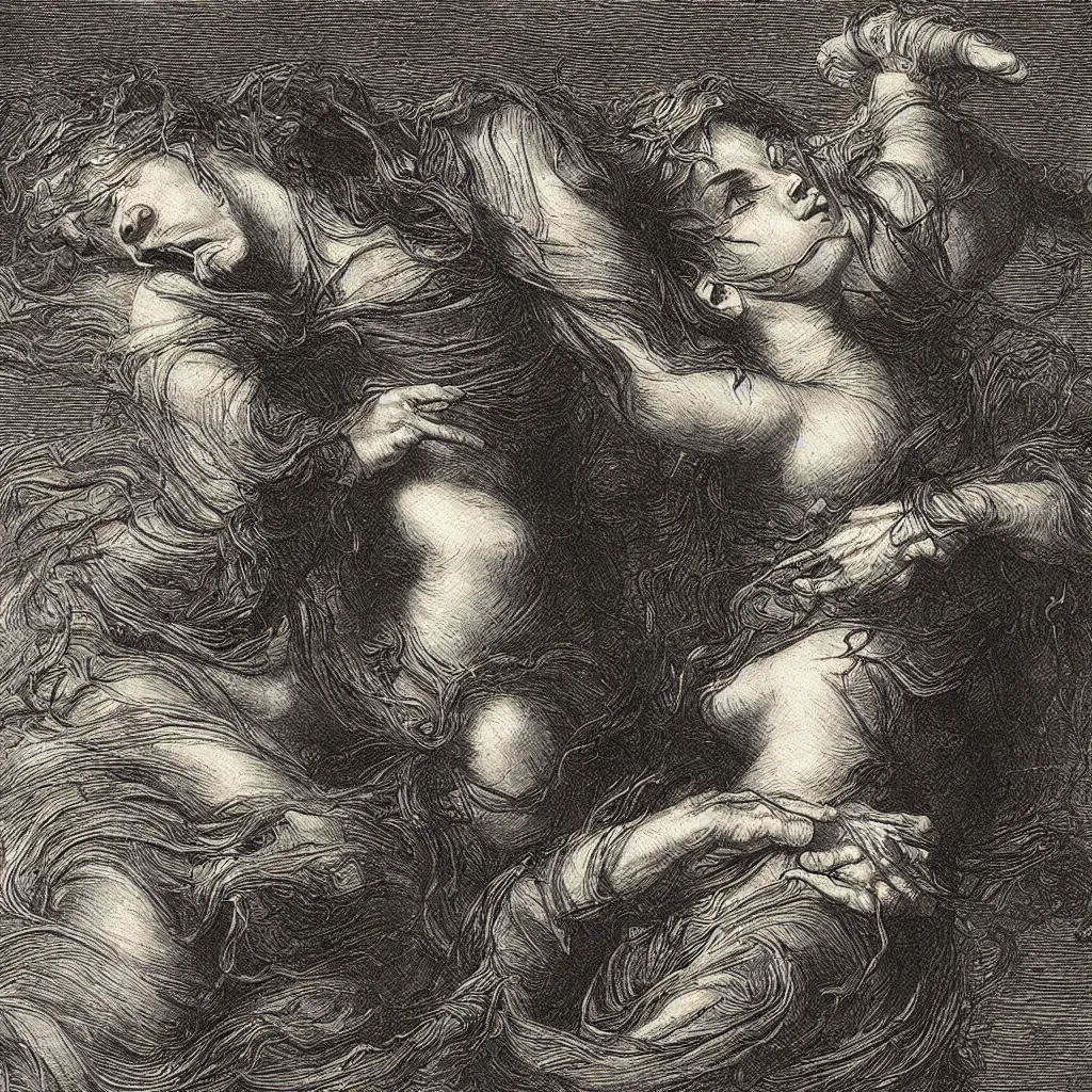 Image similar to close up of a woman cyring and rage, gustav dore