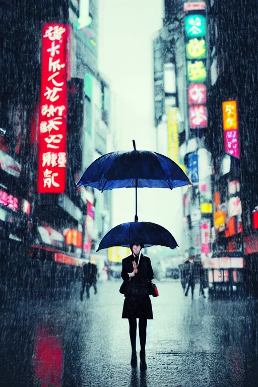 Image similar to A megan fox with an umbrella waiting to cross Shibuyas crossing in Japan, back facing the camera, rainy afternoon, beautiful volumetric lighting, intricate, digital painting, cyberpunk colours