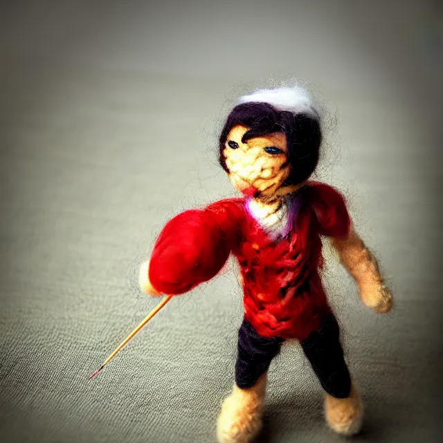 Image similar to needle felted person fighting, highly detailed, tilt shift, cute, hyperrealism, highly textured, god rays