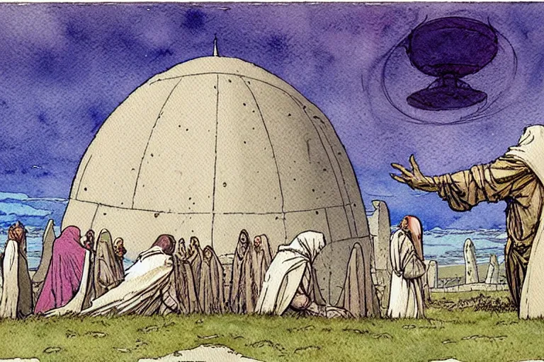 Prompt: a realistic and atmospheric watercolour fantasy concept art of a ufo landing in stonehenge. one dirty medieval monk in grey robes is pointing up at the ufo. muted colors. by rebecca guay, michael kaluta, charles vess and jean moebius giraud