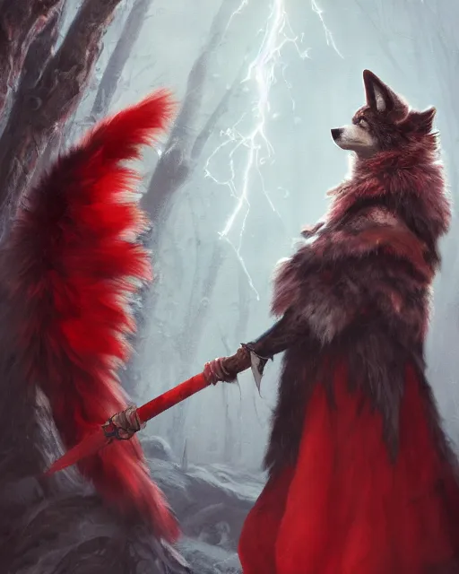 Image similar to oil painting of Anthropomorphized Wolf Shaman, wearing red fur cloak, sharp focus, holding magical lightning staff, magical aura, heroic pose, fantasy style, octane render, volumetric lighting, 8k high definition, by greg rutkowski, highly detailed, trending on art Station, magic the gathering artwork, Dark Volcano Backround, centered