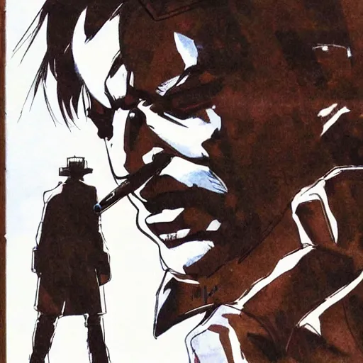 Prompt: sci fi detective in trench coat smoking a cigarette, drawn by yoji shinkawa