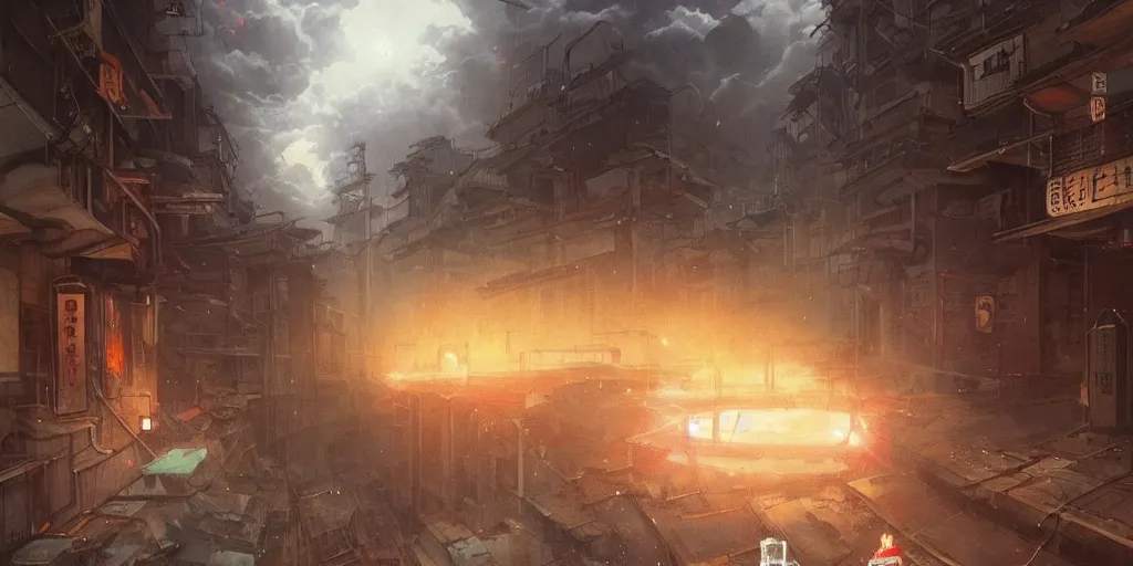 Image similar to A daemon bursts through the floor of an urban japanese street, there is an apocalyptic electrical storm in the sky, Greg Rutkowski and Studio Ghibli