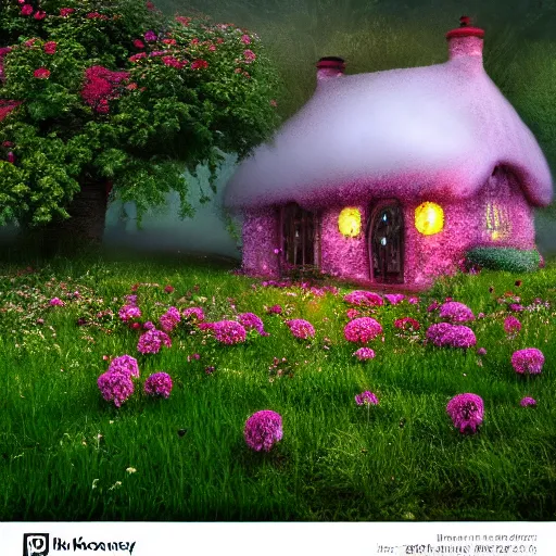 Image similar to fantasy little strawberry-like cottage among magical floral meadow partially covered with fog, photo realistic image, super detailed, 4K,cinematic look, H 1024