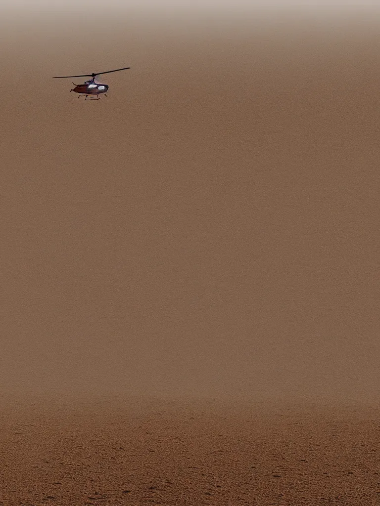 Image similar to close up! photo of helicopter flying over a sand hills covered in dust, desert environment, extremely detailed matte painting by jeremy geddes, featured on cg society, video art, reimagined by industrial light and magic, anamorphic lens flare, # vfxfriday