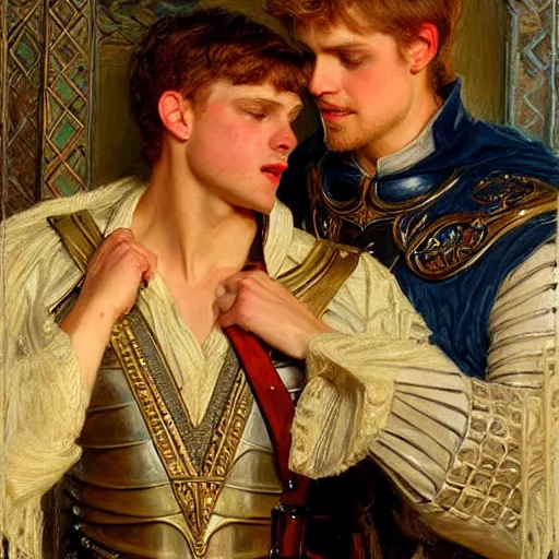 Image similar to attractive fully clothed arthur pendragon confesses his love for his attractive fully clothed male knight. highly detailed painting by gaston bussiere and j. c. leyendecker 8 k