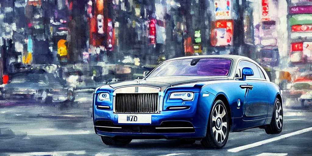 Prompt: a film still of a rolls royce wraith driving in the city of tokyo, oil painting, futuristic