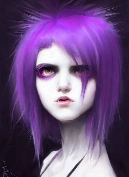 Image similar to hair blackbangs hair, white cyberlox, portrait of normal teenage girl, normal face, black bangs, messy bangs, fluffy bangs, cyberlox, whitebangs, red contact lenses, purple background, intricate, elegant, highly detailed, digital painting, artstation, concept art, sharp focus, smooth, illustration, art by wlop, mars ravelo and greg rutkowski