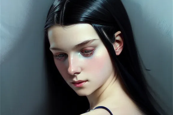 Image similar to portrait of teenage girl with long glossy black hair, blue eyes, glowing skin, fashion model features, fantasy, intricate, elegant, black dress, highly detailed, digital painting, artstation, concept art, smooth, sharp focus, illustration, art by Krenz Cushart and Artem Demura and alphonse mucha