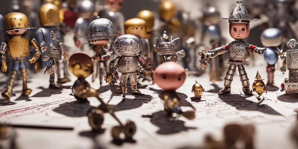 Image similar to closeup portrait of tin toy knights fighting on white paper table in an artist workshop, depth of field, zeiss lens, detailed, centered, fashion photoshoot, by nicoletta ceccoli, mark ryden, lostfish, breathtaking, 8 k resolution, extremely detailed, beautiful, establishing shot, artistic, hyperrealistic, octane render