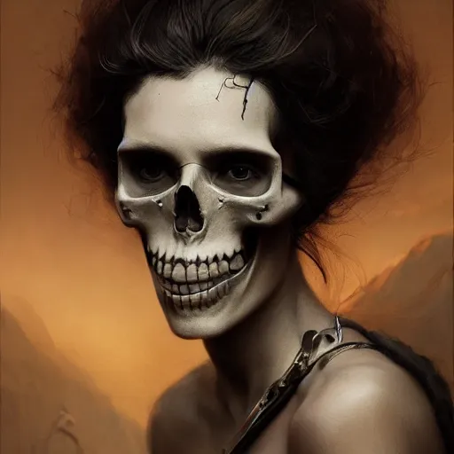 Prompt: portrait of an woman with a skull face, Matte painting , detailed painting, greg rutkowski