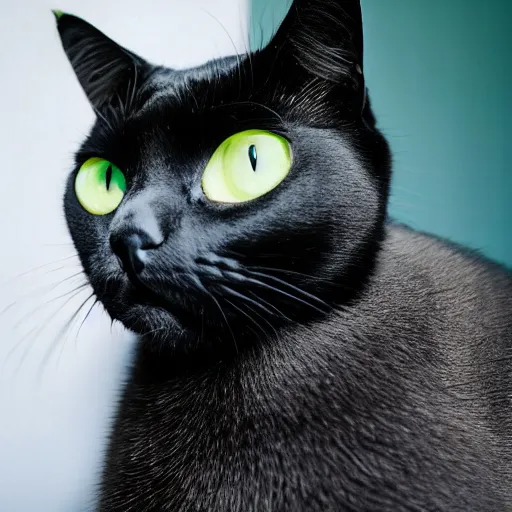 Prompt: national geographic photograph of a green eyed black cat sitting in a white room