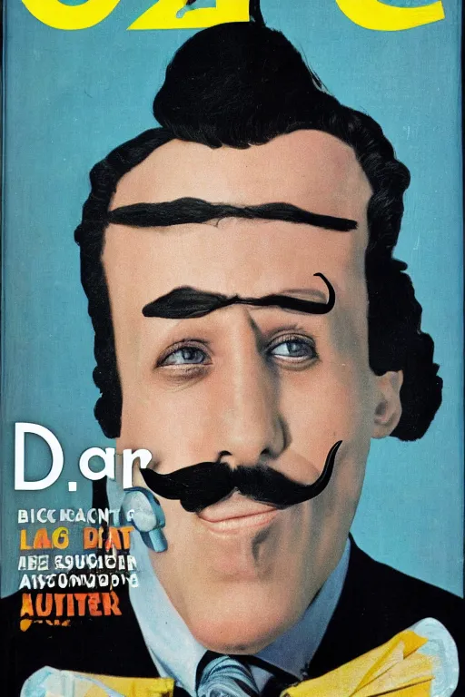 Prompt: magazine cover featuring the famous surrealist artist Danger Dan, photograph of a man with black hair and a mustache, text reads DANGER DAN
