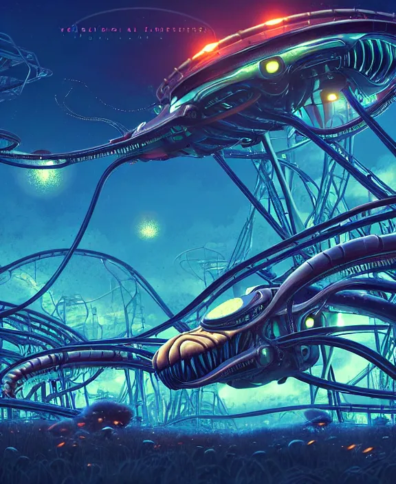 Image similar to a roller coaster made out of alien creatures, biological, in the style of an asymmetrical spaceship, surrounded by fireflies, somber, by dan mumford, yusuke murata, makoto shinkai, ross tran, cinematic, unreal engine, cel shaded, featured on artstation, pixiv