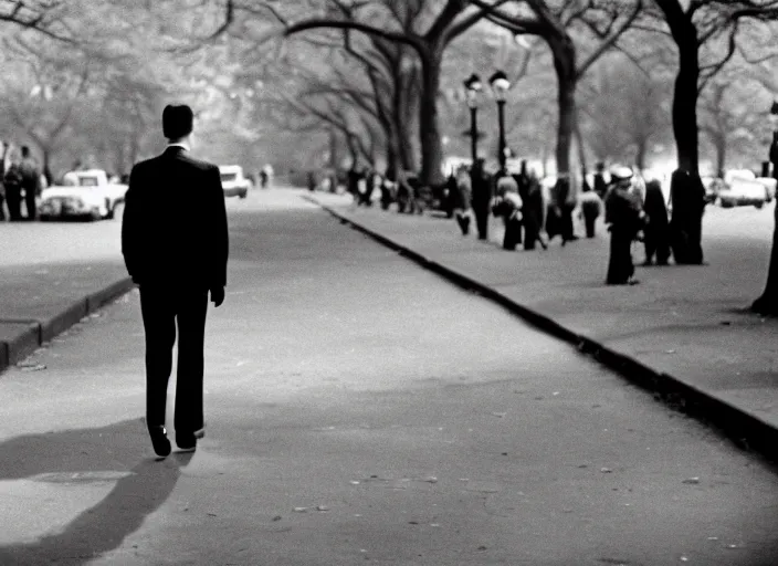 Prompt: a 35mm photograph of a man walking in Central Park in New York City in the 1960's, bokeh, Canon 50mm, cinematic lighting, photography, retro, film, Kodachrome