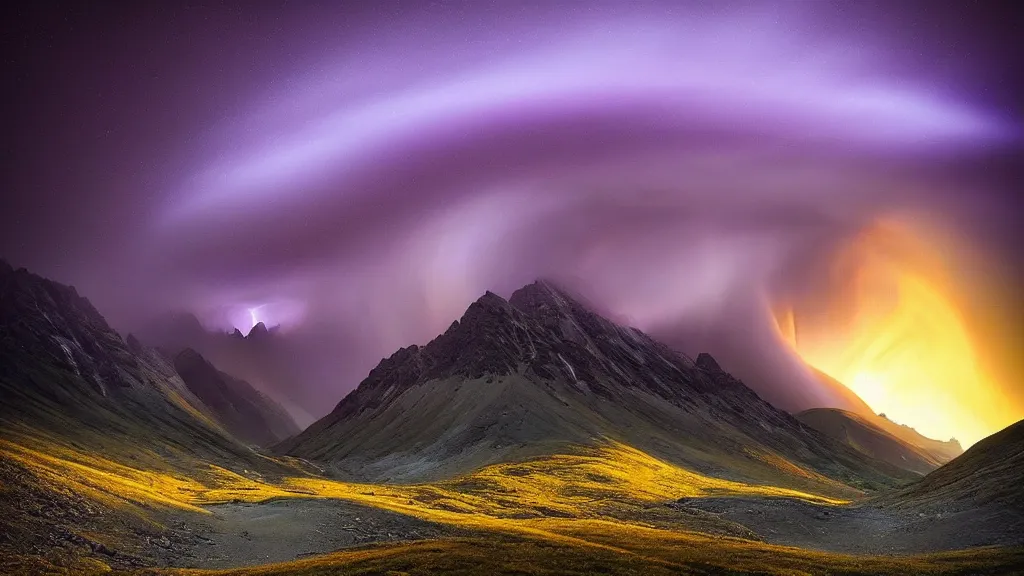 Image similar to amazing landscape photo of mountains with a purple tornado by marc adamus, beautiful dramatic lighting