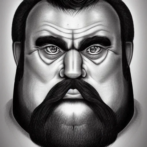 Image similar to face portrait a big beefy man with a large face, thick dark hair, a bushy black moustache, no beard, with hardly any neck and mean little eyes, highly detailed, digital art, sharp focus, trending on art station, drawing