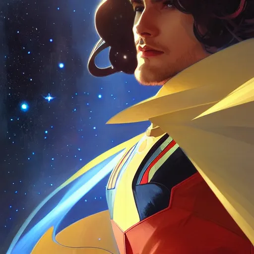 Image similar to a space powered male dressed as a superhero. space background, dynamic lighting, clean elegant painting, beautiful detailed face. by artgerm and greg rutkowski and alphonse mucha, 4 k