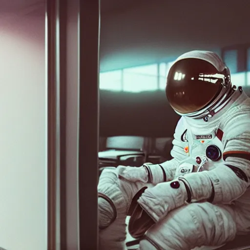 Image similar to a beautiful photo of an astronaut waiting in a laundromat, 1970', soft light, morning light, photorealistic, realistic, octane, 8k, cinematic shot