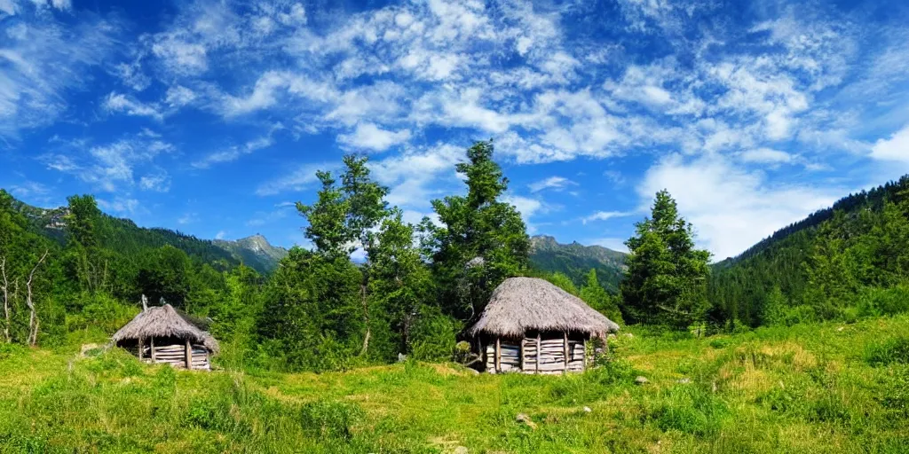 Image similar to a mountain landscape, in summer, with a hut surrounded by woods, blue sky