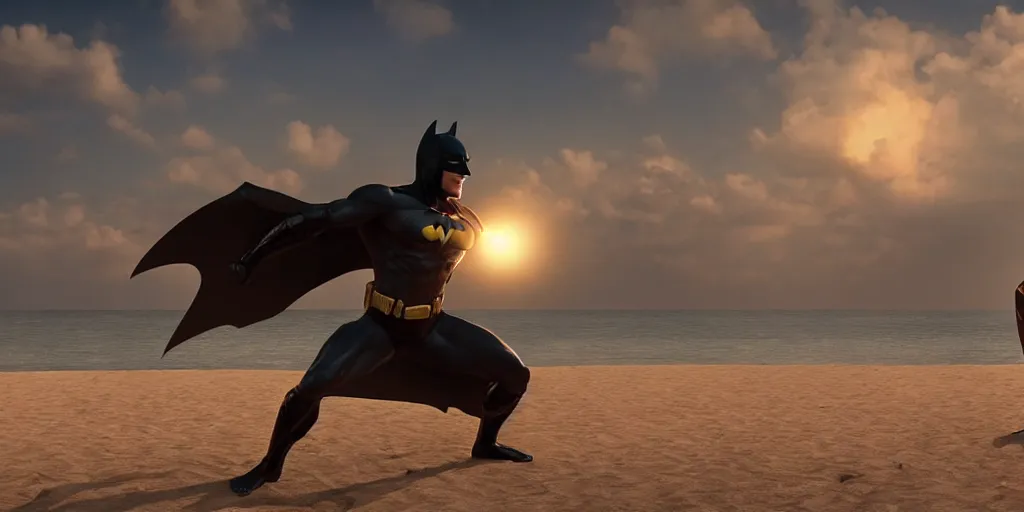 Prompt: batman performing kalaripayattu on a beach, cinematic, color graded, volumetric lighting, octane render, ultra realistic