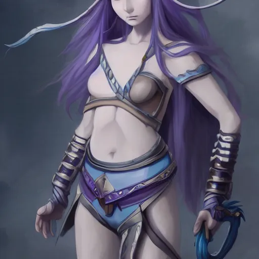 Image similar to an elf girl with pale grey skin with blues and long purple hair, wearing armor, highly detailed, digital painting, artstation, matte, by makoto shinkai, animation style