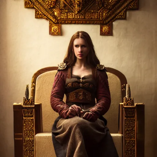 Image similar to the elder scrolls vi, charismatic regal brunette female jarl, portrait, throne room, atmospheric lighting, painted, intricate, volumetric lighting, beautiful, daytime, sunny weather, slight overcast, sharp focus, deep colours, ultra detailed, by leesha hannigan, ross tran, thierry doizon, kai carpenter, ignacio fernandez rios