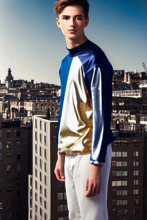 Image similar to un ultra high definition studio quality photographic art portrait of a young man standing on the rooftop of a british apartment building wearing soft padded silver pearlescent clothing. three point light. extremely detailed. golden ratio, ray tracing, volumetric light, shallow depth of field. set dressed.