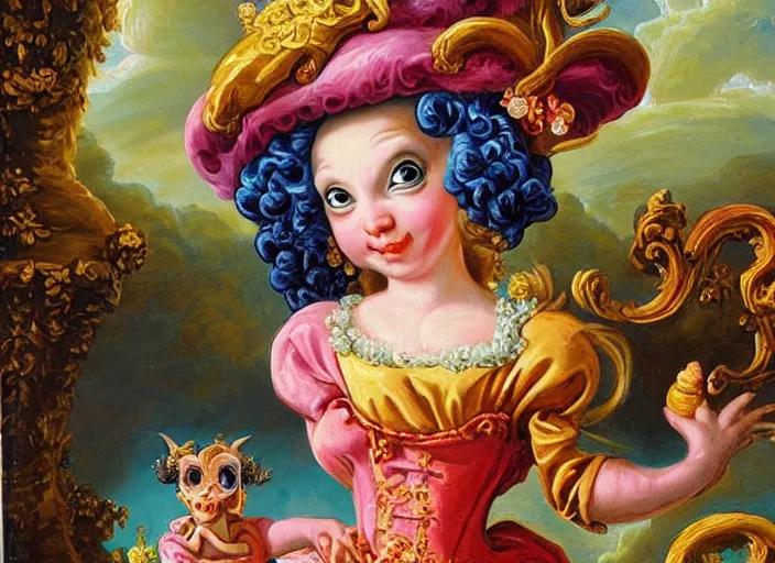 Prompt: baroque rococo painting Royal Fancy Goblin Hildebrandt Lisa Frank high detail cute whimsical