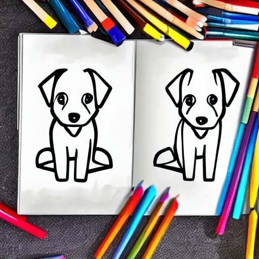 Prompt: cute dogs, coloring book, outline art, digital art, drawing, simplistic