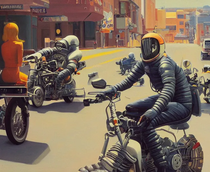 Image similar to a very detailed painting of a astronaut wearing a suit, riding a motorbike down a street, harley davidson motorbike, worm's - eye view, very fine brush strokes, very aesthetic, very futuristic, in the style of edward hopper and grant wood and syd mead, 4 k,